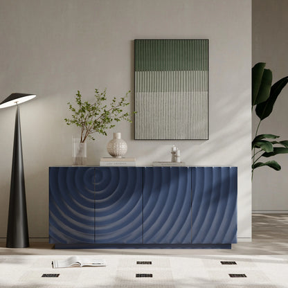 A minimalist lifestyle setting of the Navy Blue Buffet Cabinet featuring the 3D ripple design, paired with a modern floor lamp and a large textured wall art piece.