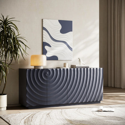 A modern lifestyle view of the Navy Blue Buffet Cabinet featuring a continuous 3D water ripple texture across four doors, set in a contemporary living area with a large potted plant and abstract wall art.