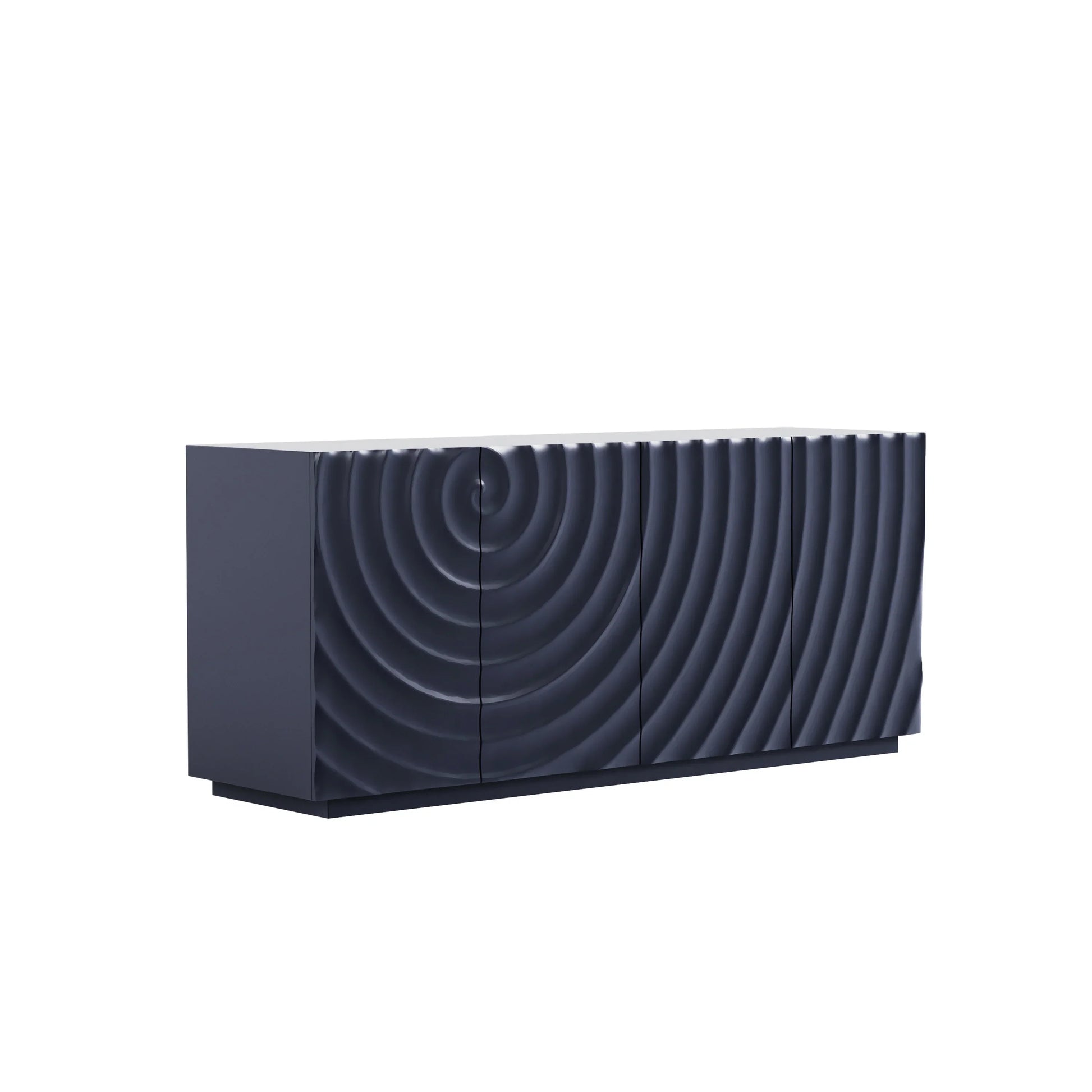 An isolated product view of the 59-inch Navy Blue Buffet Cabinet on a white background, highlighting the seamless 3D water ripple texture across four doors with a sophisticated matte finish.