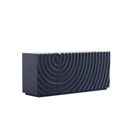 An isolated product view of the 59-inch Navy Blue Buffet Cabinet on a white background, highlighting the seamless 3D water ripple texture across four doors with a sophisticated matte finish.