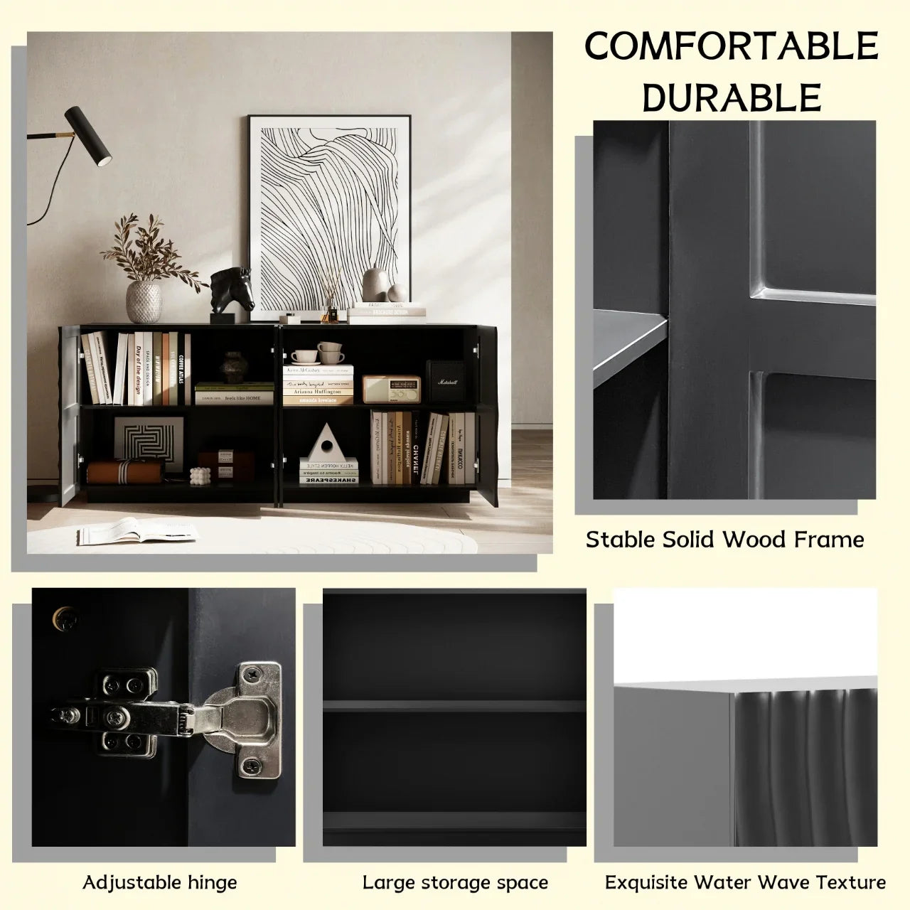 A feature infographic for the Navy Blue Buffet Cabinet highlighting the stable solid wood frame, adjustable soft-close hinges, large storage capacity, and the exquisite 3D water wave texture.