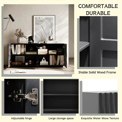 A feature infographic for the Navy Blue Buffet Cabinet highlighting the stable solid wood frame, adjustable soft-close hinges, large storage capacity, and the exquisite 3D water wave texture.