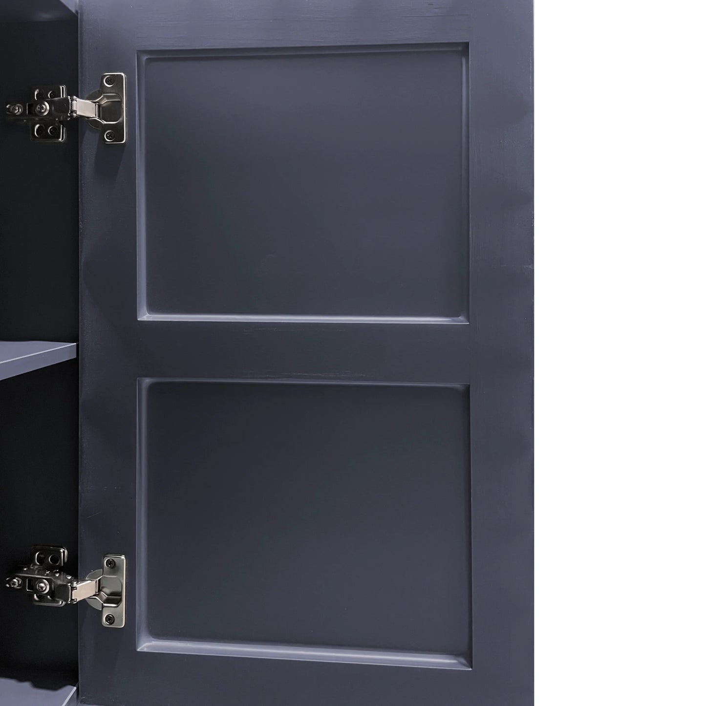 A close-up view of the interior door of the Navy Blue Buffet Cabinet, showcasing the high-quality metal soft-close hinges and the clean navy finish of the door panel.
