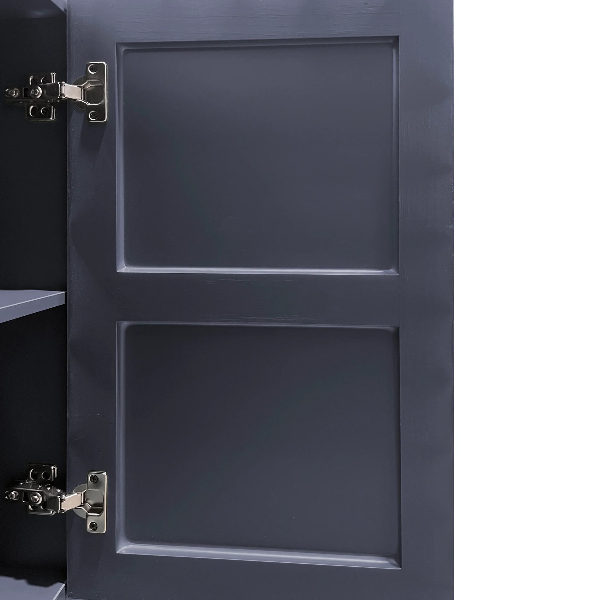 A close-up view of the interior door of the Navy Blue Buffet Cabinet, showcasing the high-quality metal soft-close hinges and the clean navy finish of the door panel.