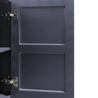 A close-up view of the interior door of the Navy Blue Buffet Cabinet, showcasing the high-quality metal soft-close hinges and the clean navy finish of the door panel.