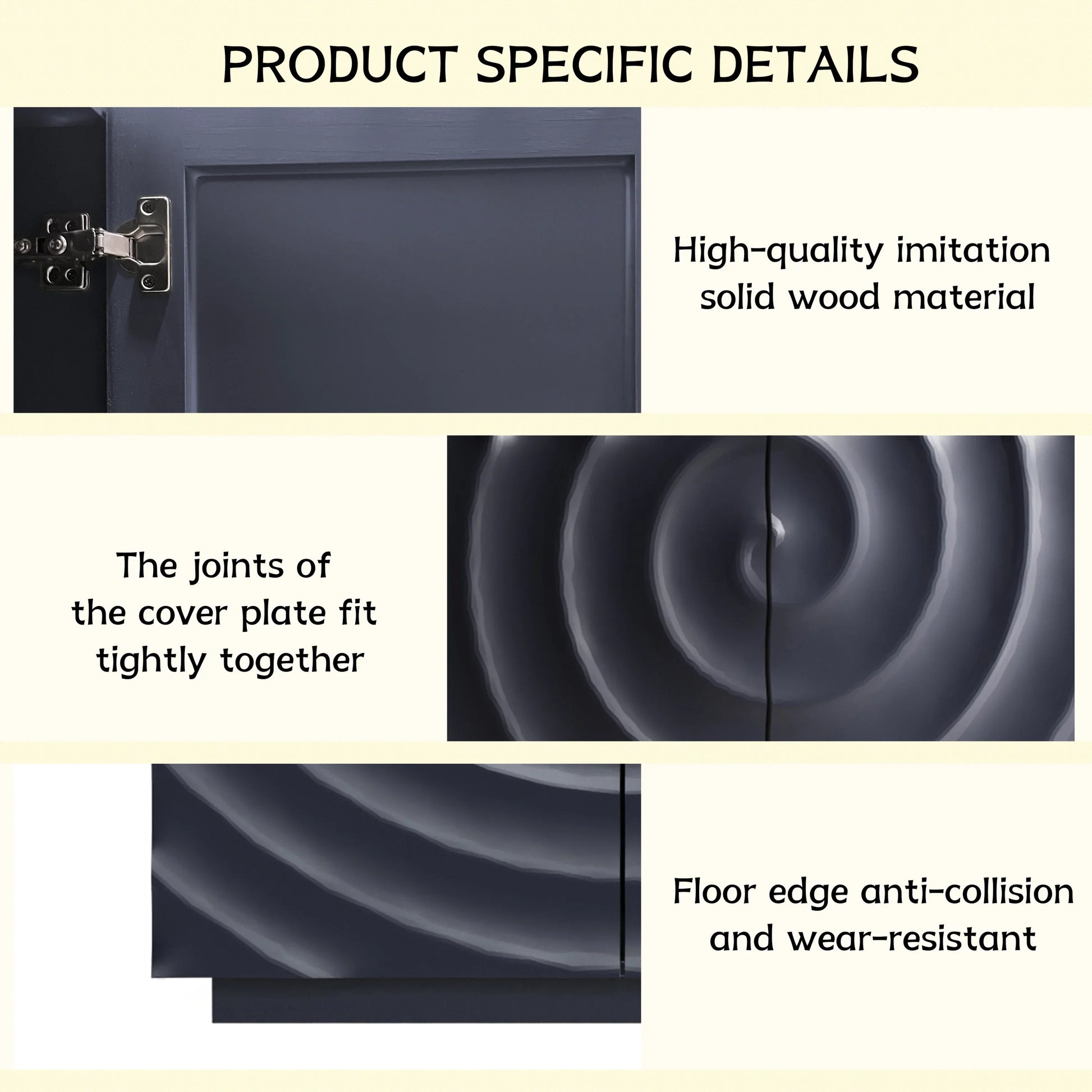 An infographic detailing product-specific features of the Navy Blue Buffet Cabinet, including the imitation solid wood material, tightly fitted cover plate joints, and wear-resistant anti-collision floor edge.