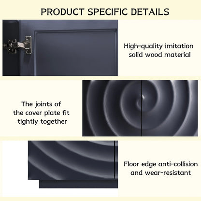 An infographic detailing product-specific features of the Navy Blue Buffet Cabinet, including the imitation solid wood material, tightly fitted cover plate joints, and wear-resistant anti-collision floor edge.