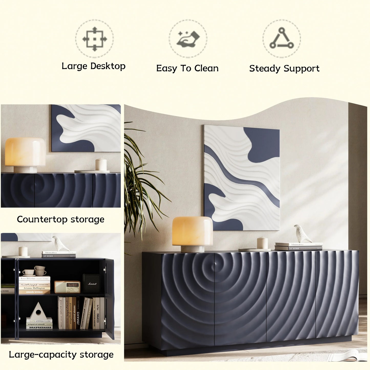 An infographic showcasing the user benefits of the Navy Blue Buffet Cabinet, including its large countertop storage and easy-to-clean surface, with images demonstrating its spacious storage capacity.