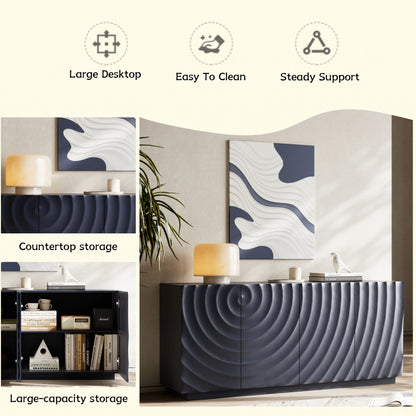 An infographic showcasing the user benefits of the Navy Blue Buffet Cabinet, including its large countertop storage and easy-to-clean surface, with images demonstrating its spacious storage capacity.
