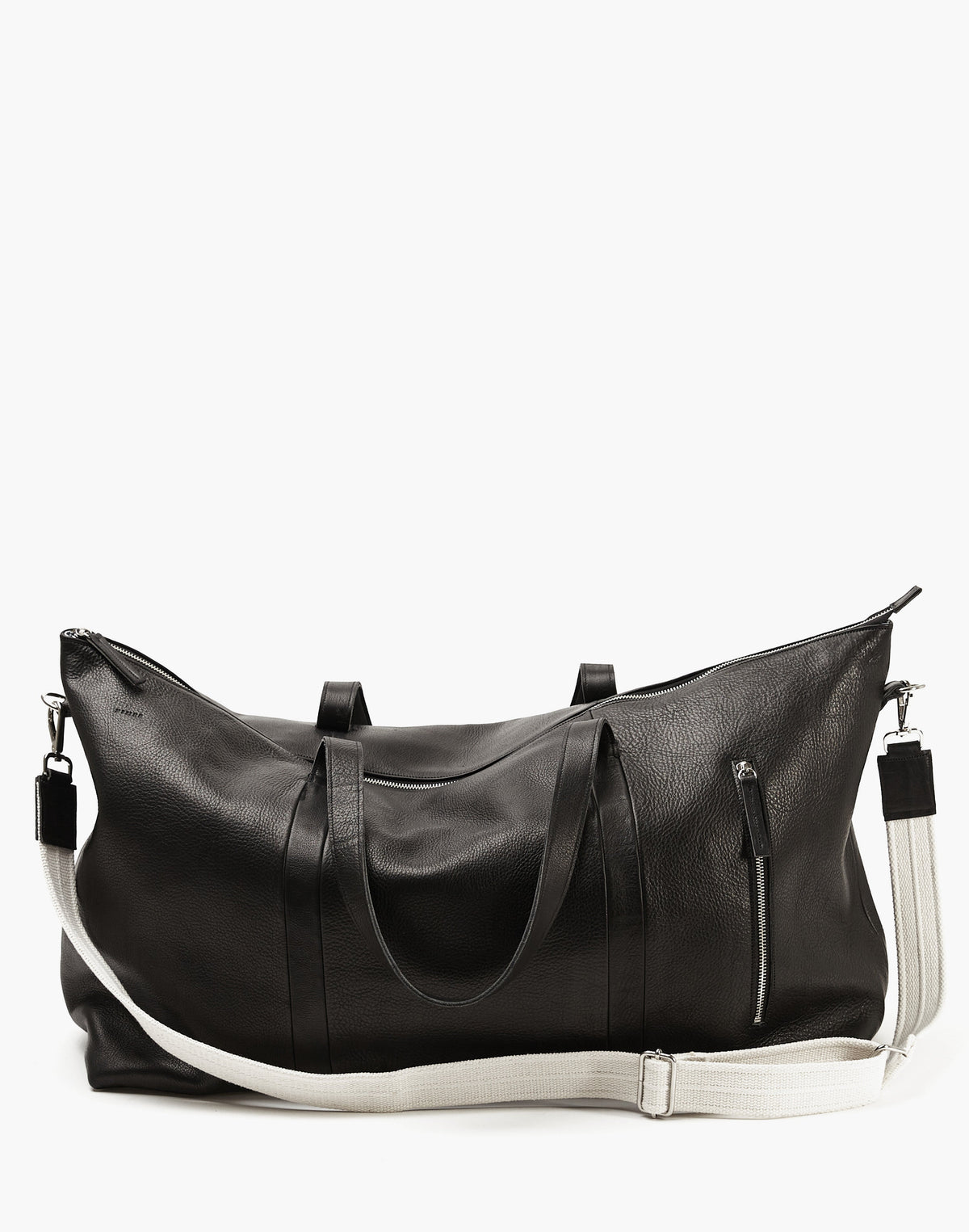 Malbec leather weekender in Black with twin handles, a cream adjustable shoulder strap, top zipper, and vertical exterior zipper.