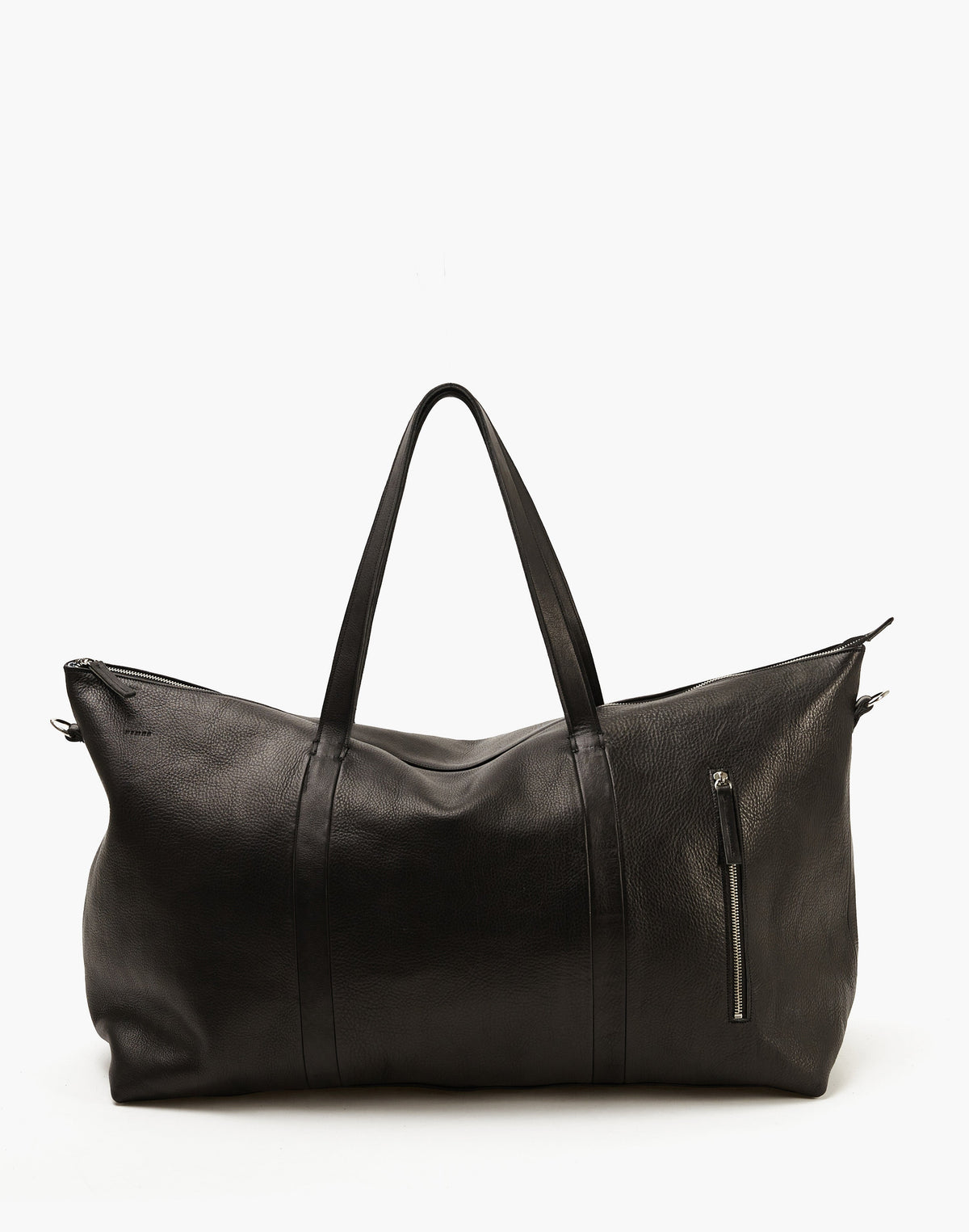 Malbec leather weekender in Black with upright twin handles, visible leather grain, top zipper, and vertical exterior zipper.
