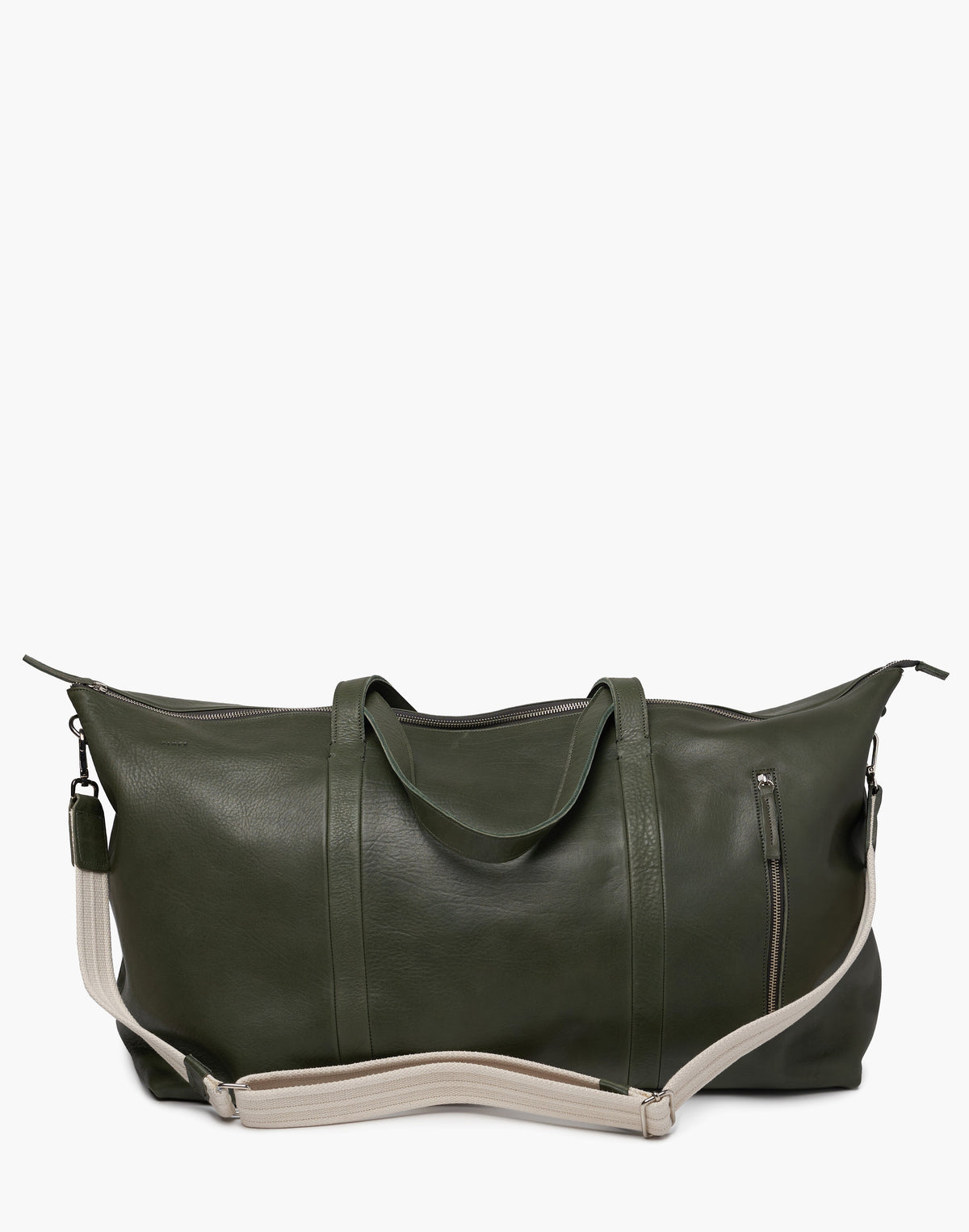 Malbec leather weekender in Green with twin handles, a cream shoulder strap, top zipper, and vertical exterior zipper.