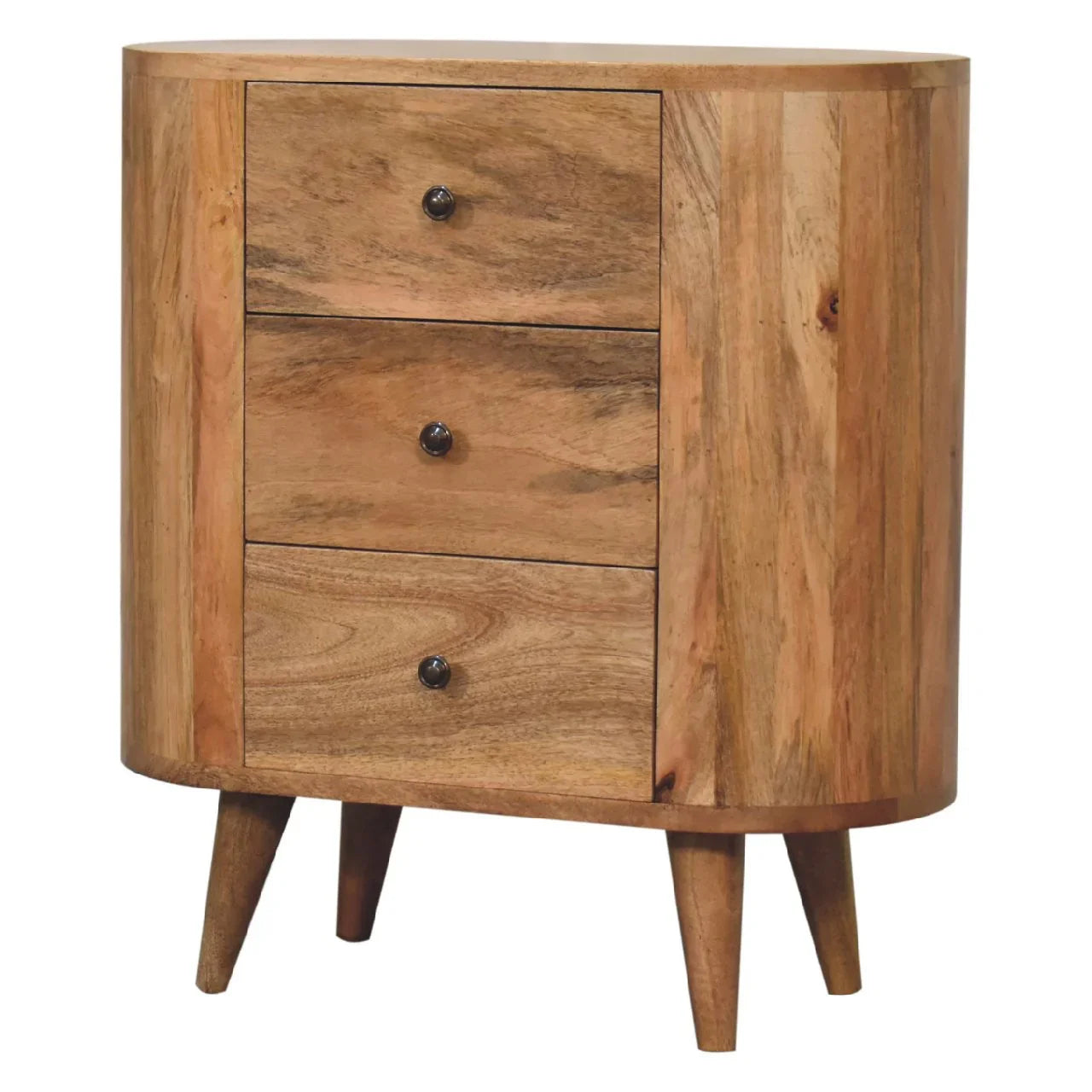 Three-quarter view of oak-ish mango wood mini cabinet showing oval body depth three drawers and four Nordic splayed legs