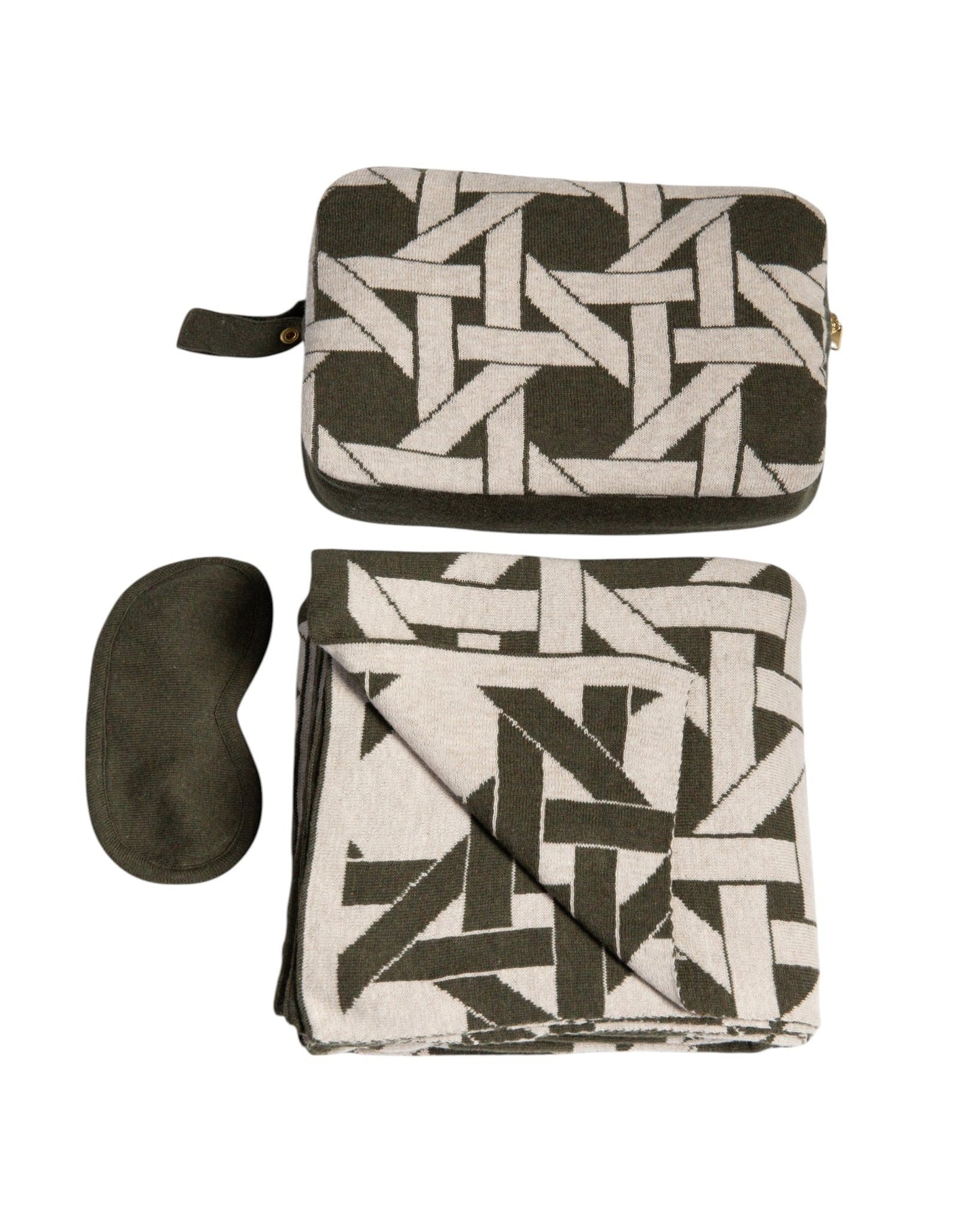 Olive green organic cotton travel blanket set with geometric pattern including folded blanket eye mask and compact pouchic