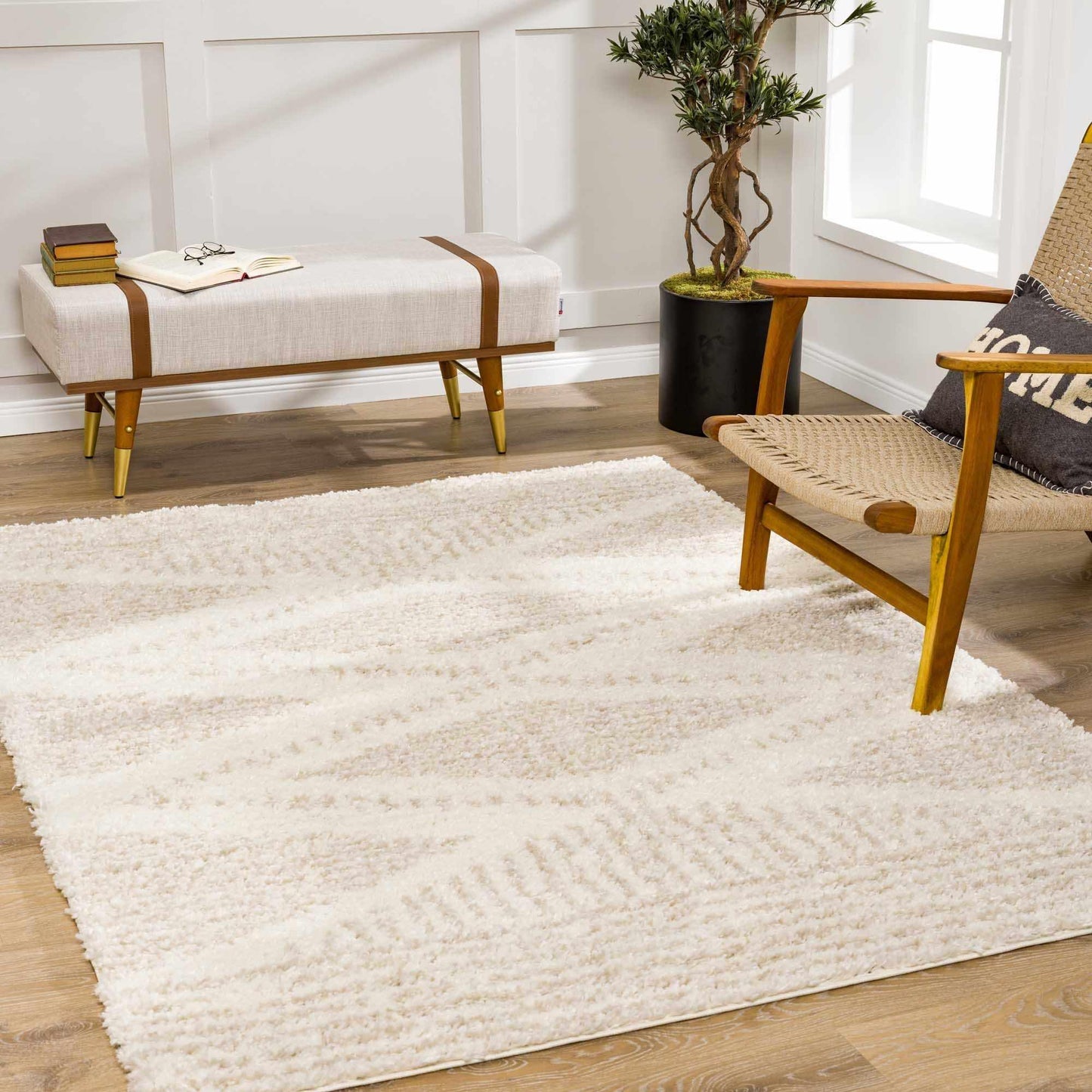 Plush Beige Shag Rug Styled in Neutral Living Room with Wooden Accent Chair and Upholstered Bench | Fluent Trends