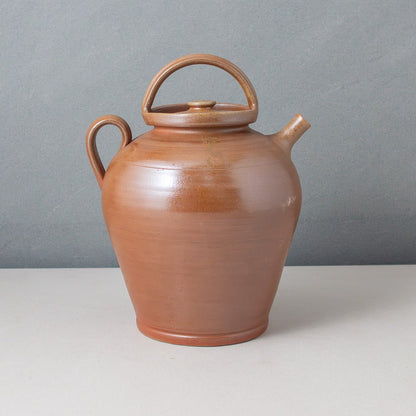 Vintage Poterie Renault Bonny sur Loire French pottery pitcher with brown salt glaze, handle, lid, and spout