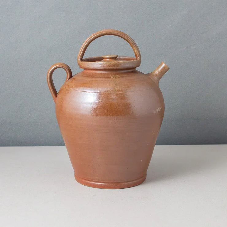 Vintage Poterie Renault Bonny sur Loire French pottery pitcher with brown salt glaze, handle, lid, and spout