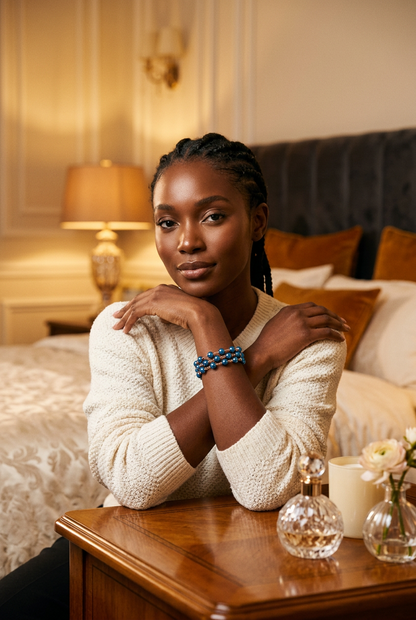 Model wearing a Celeste blue hematite artisan bracelet with a cream sweater, seated at a wooden table in a warmly lit bedroom.