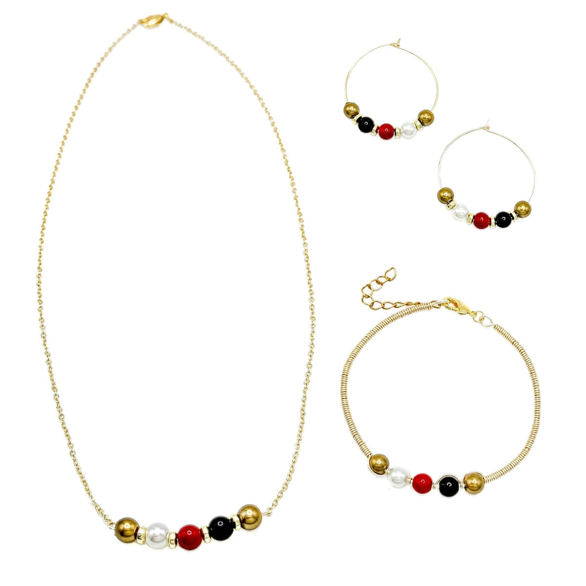 His-Story Majorca pearl bangle bracelet displayed beside a coordinating necklace and hoop earrings, featuring gold, white, red, and black beads on a white background.