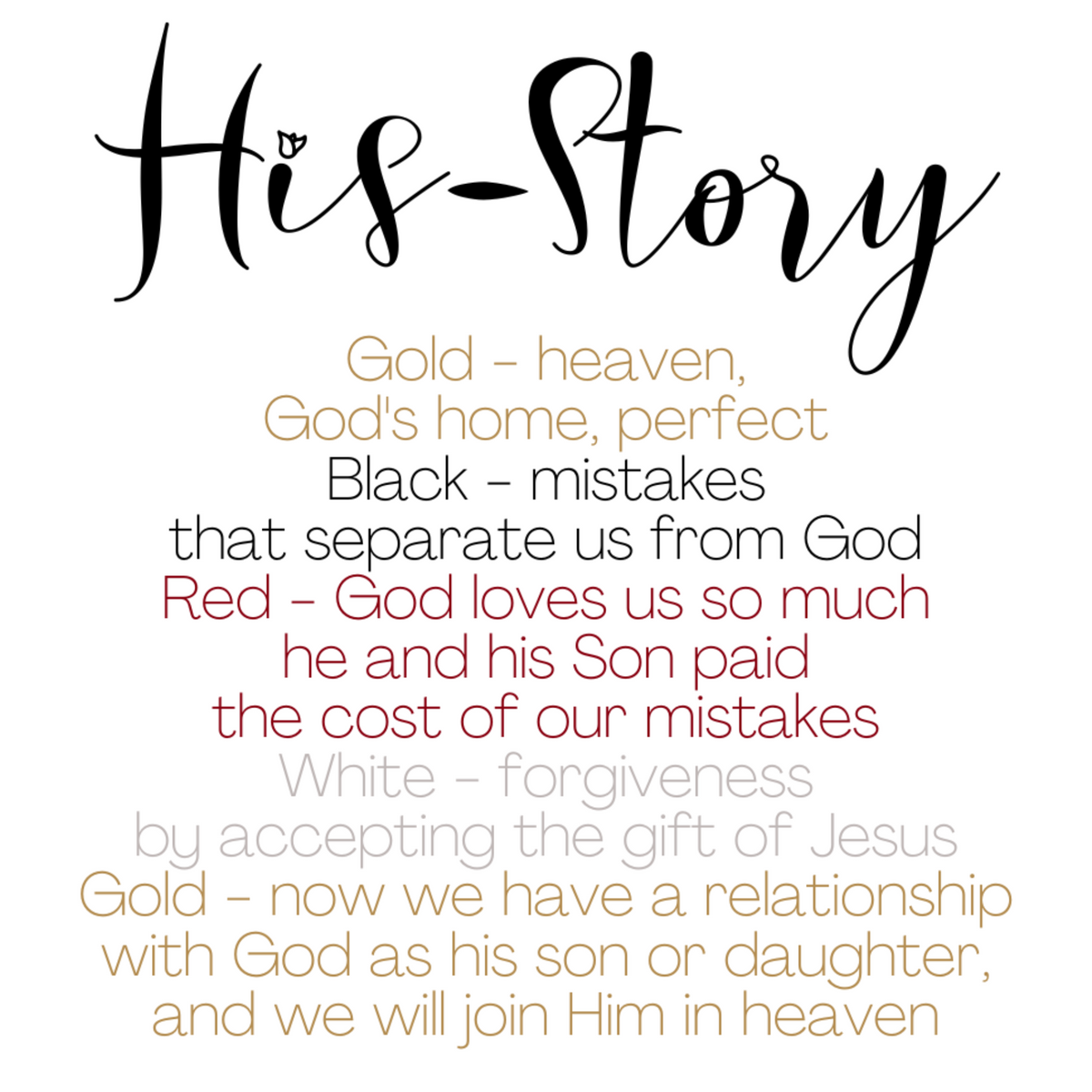 His-Story card explaining the maker’s Christian color symbolism: gold for heaven, black for mistakes, red for sacrifice, white for forgiveness, and gold for a relationship with God.