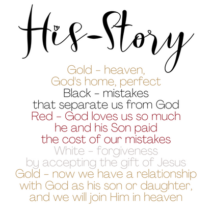 His-Story card explaining the maker’s Christian color symbolism: gold for heaven, black for mistakes, red for sacrifice, white for forgiveness, and gold for a relationship with God.
