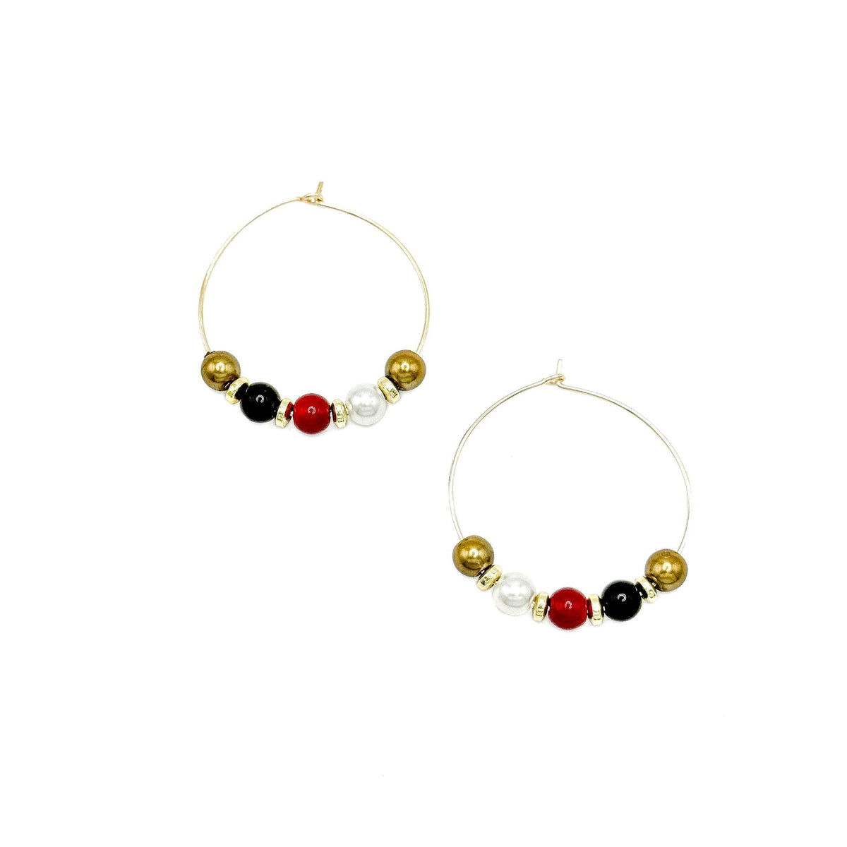 Pair of His-Story Majorca pearl hoop earrings with gold-tone wire, gold, black, red, and white pearls, and gold-plated spacer beads on a white background.