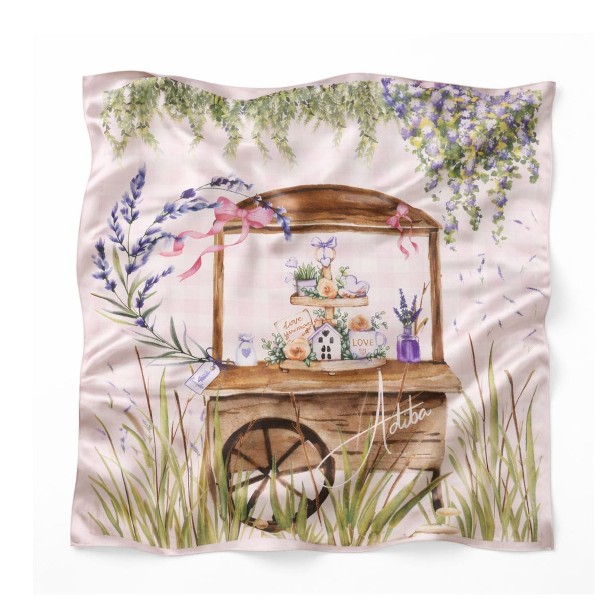 Lavender Bloom square mulberry silk scarf with a wooden garden-cart illustration, purple florals, green foliage, and pink ribbons on a blush background.