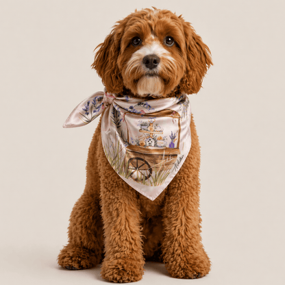 Brown curly-haired dog wearing the Lavender Bloom silk scarf folded into a triangle, showing blush garden-cart artwork and purple floral details.