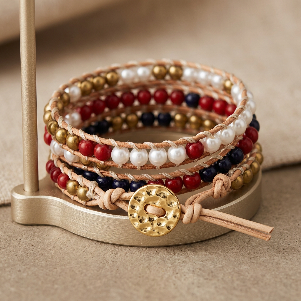 Multicolored pearl wrap bracelet with tan leather cords and white, red, dark, and gold-tone beads, arranged around a display stand with a textured gold-tone button.