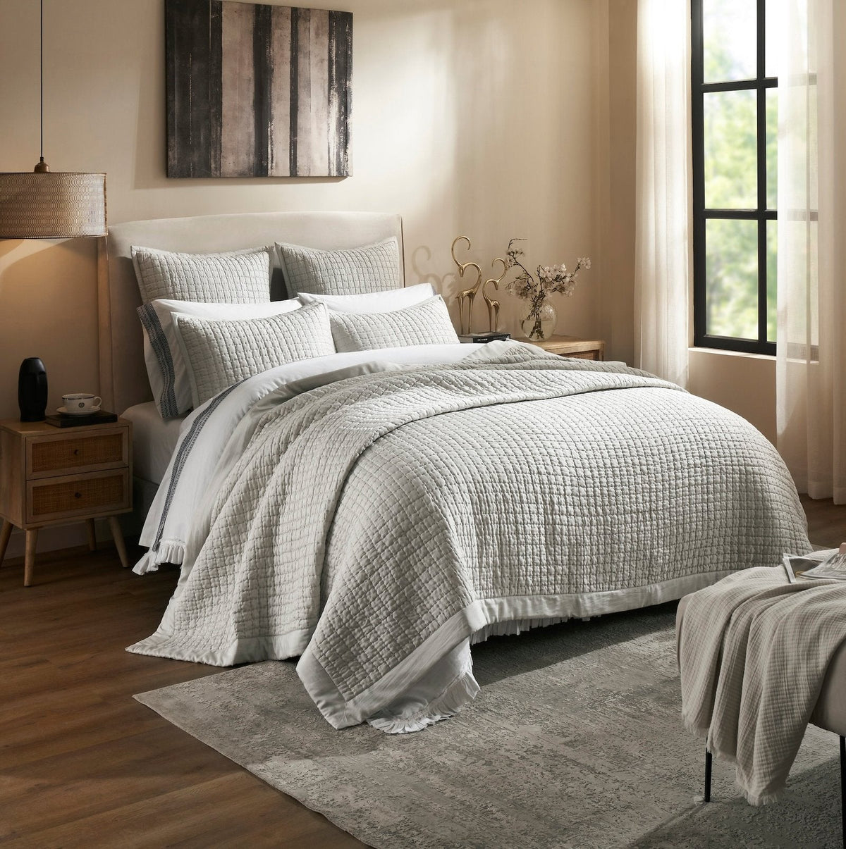 Malibu Mist quilted silk coverlet shown from an angle, with pale gray square stitching and a smooth border draped over a bed beside a tall window