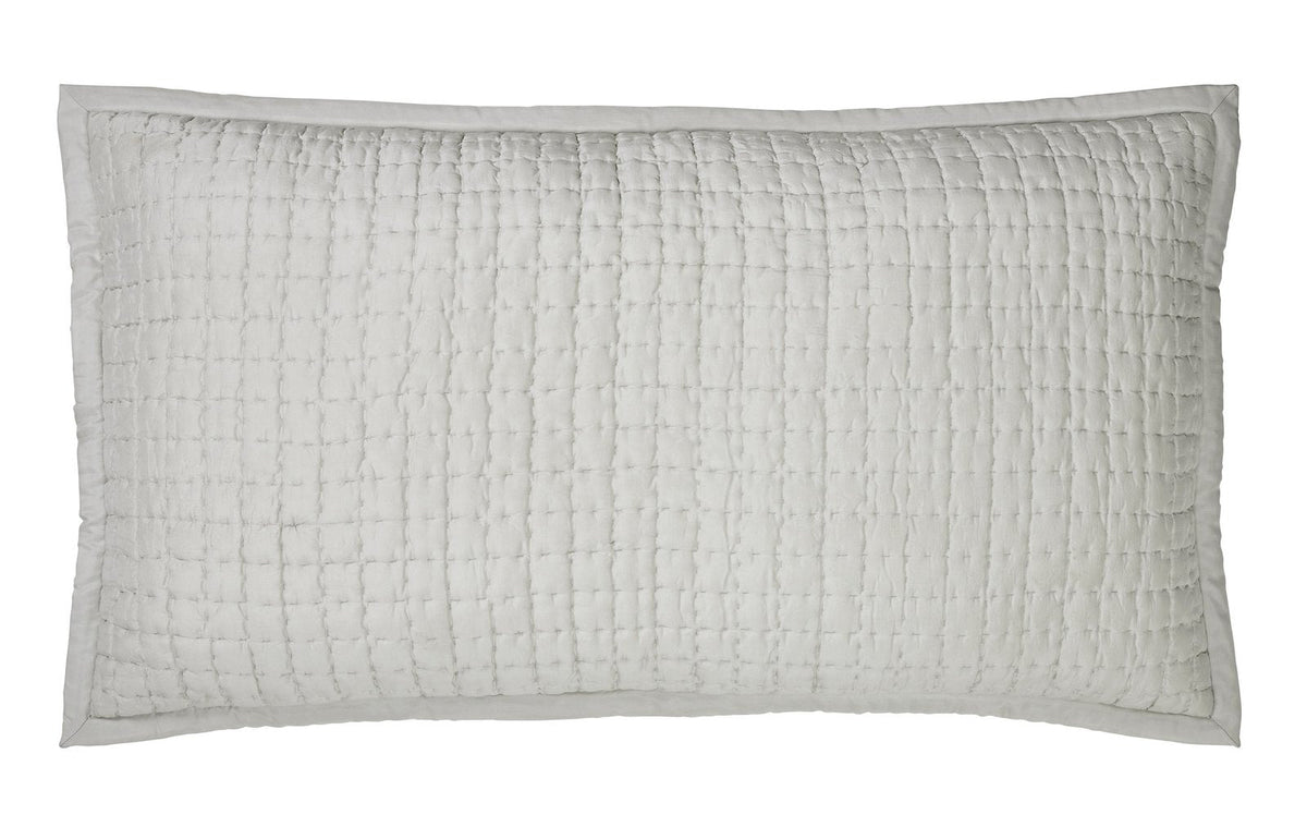 Front view of the Malibu Mist rectangular silk pillow sham, showing its pale gray tone, square pick-stitch quilting, and smooth border on a white background.