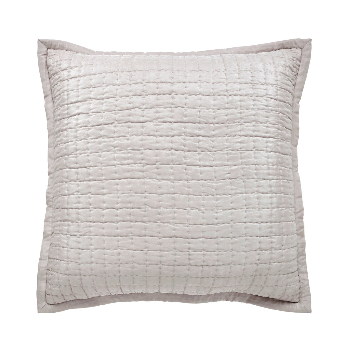 Front view of the Malibu Mist square silk pillow sham, showing its pale gray tone, square pick-stitch quilting, and smooth border on a white background.⠋