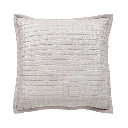 Front view of the Malibu Mist square silk pillow sham, showing its pale gray tone, square pick-stitch quilting, and smooth border on a white background.⠋