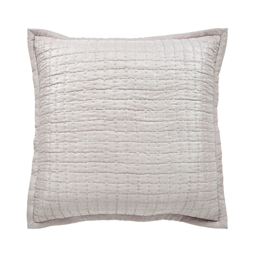Front view of the Malibu Mist square silk pillow sham, showing its pale gray tone, square pick-stitch quilting, and smooth border on a white background.⠋