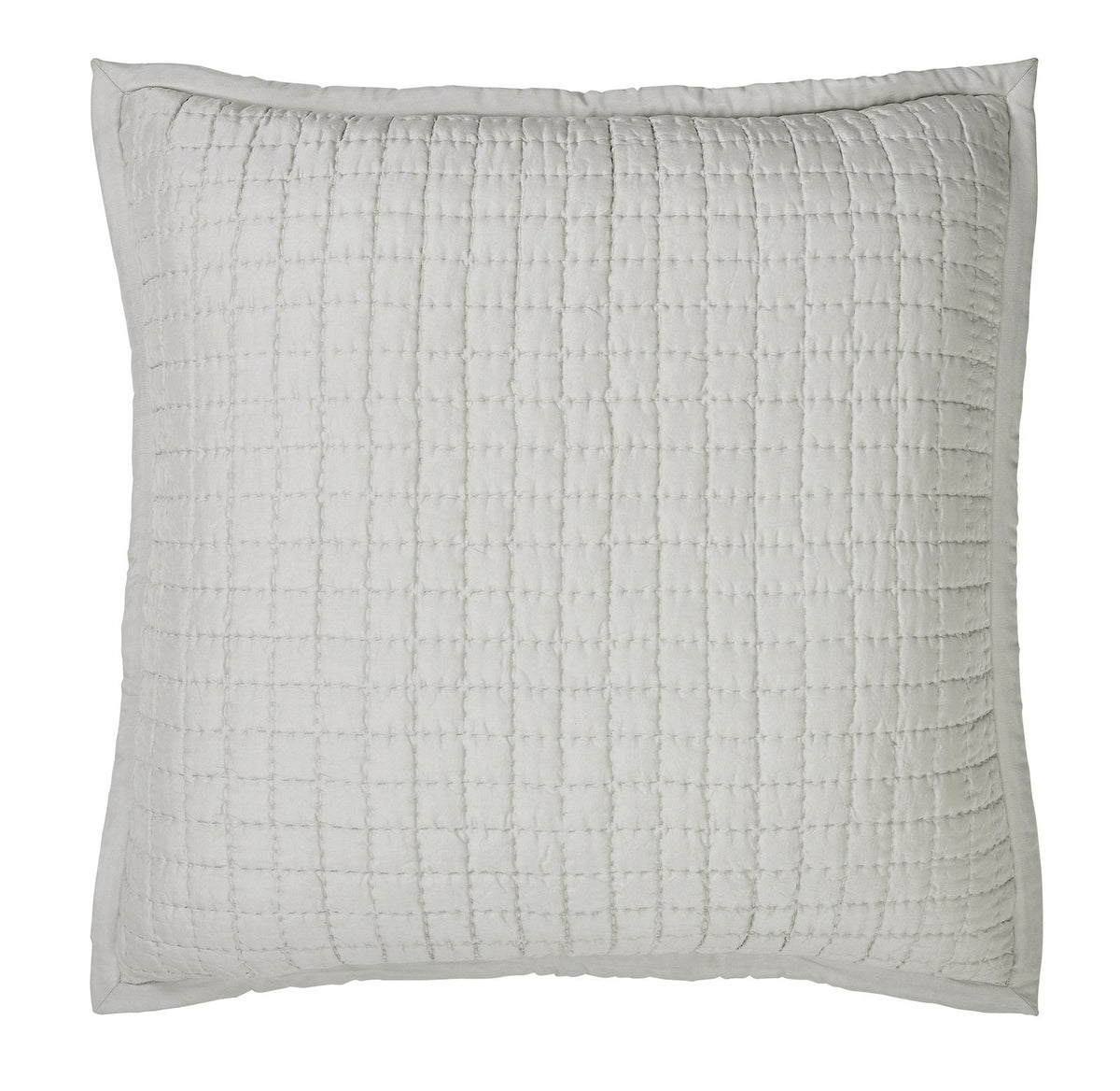 Malibu Mist square silk pillow sham in pale gray, showing square pick-stitch quilting and a smooth fabric border on a white background.