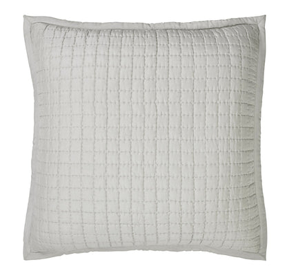Malibu Mist square silk pillow sham in pale gray, showing square pick-stitch quilting and a smooth fabric border on a white background.