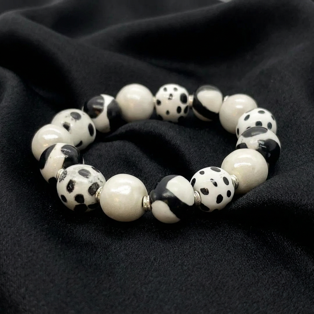 Sefone artisan bracelet resting on black fabric, showing cream clay beads, spotted and abstract black-and-white patterns, and silver-tone spacers.