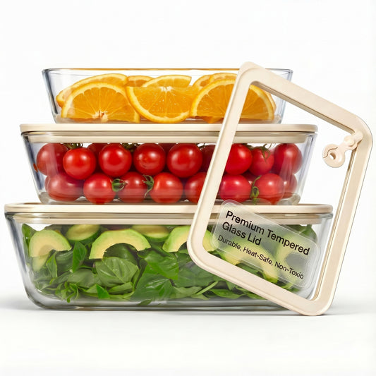 Premium glass food storage set of three stacked containers filled with orange slices cherry tomatoes and leafy greens with avocado on white background