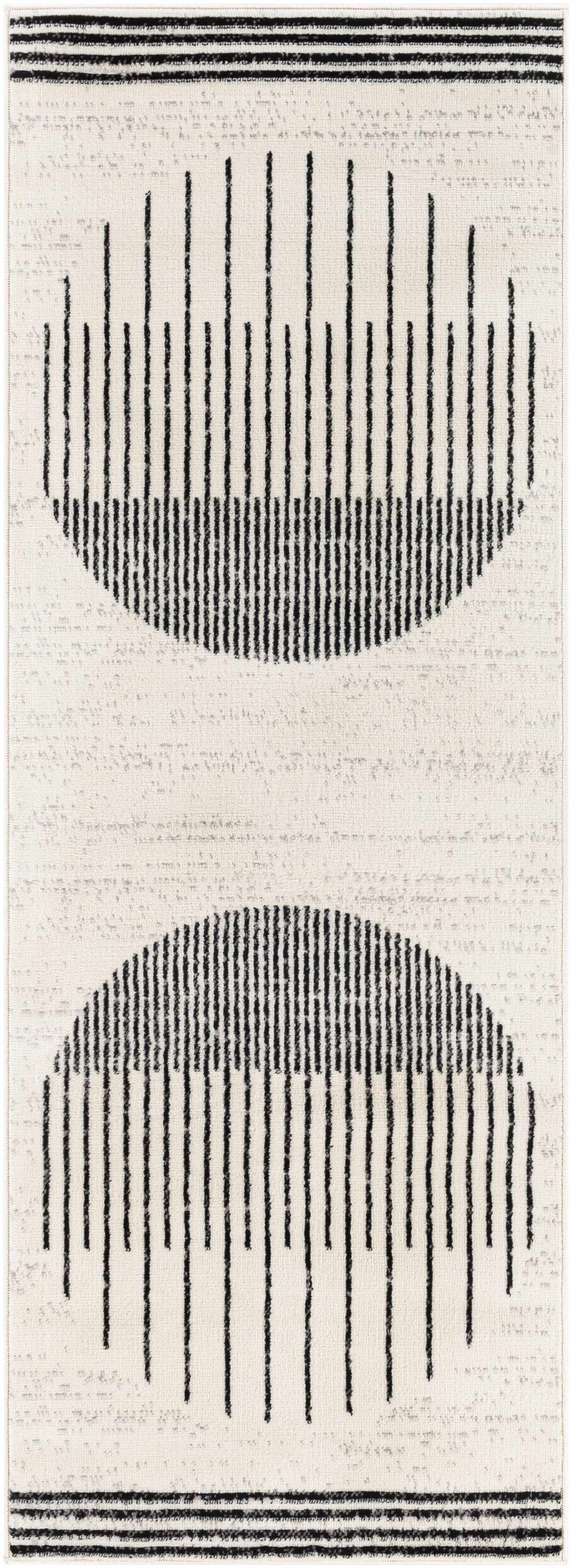 Angus Abstract Black and White Area Rug featuring bold black lines forming two half-circles on a white background, with striped borders.