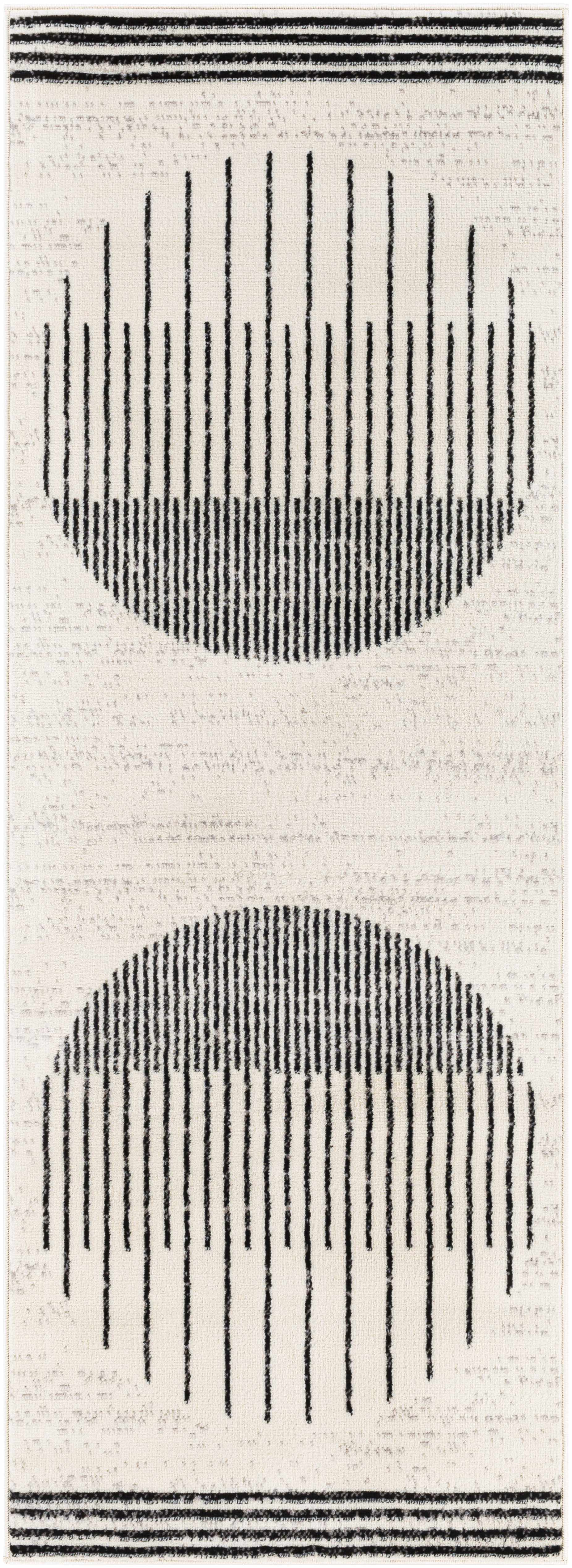 Angus Abstract Black and White Area Rug featuring bold black lines forming two half-circles on a white background, with striped borders.