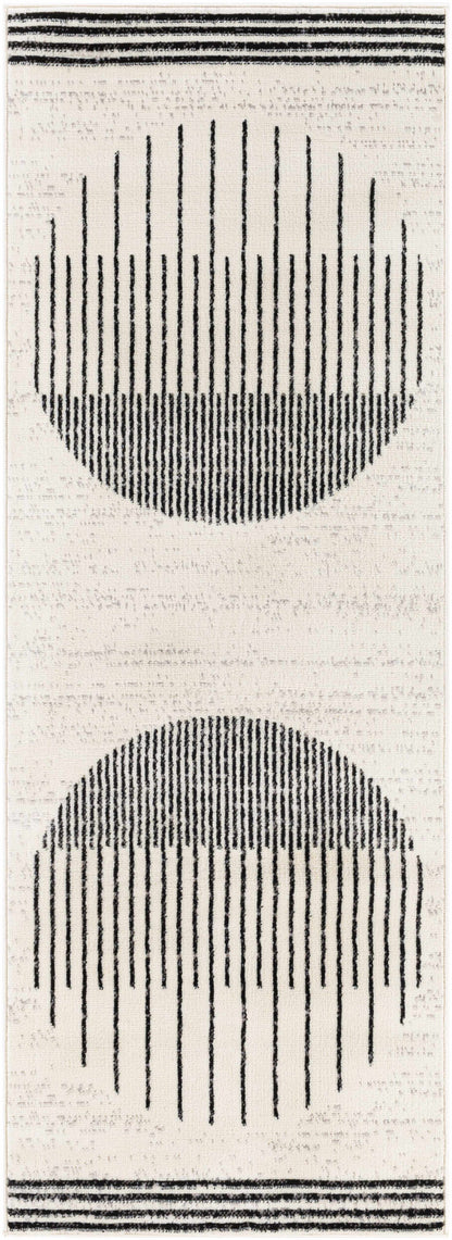 Angus Abstract Black and White Area Rug featuring bold black lines forming two half-circles on a white background, with striped borders.