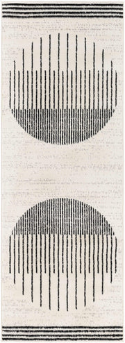 Angus Abstract Black and White Area Rug featuring bold black lines forming two half-circles on a white background, with striped borders.