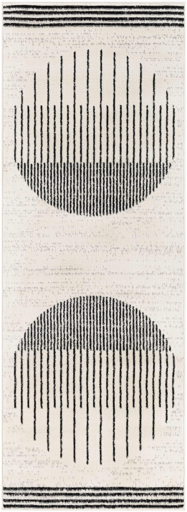 Angus Abstract Black and White Area Rug featuring bold black lines forming two half-circles on a white background, with striped borders.