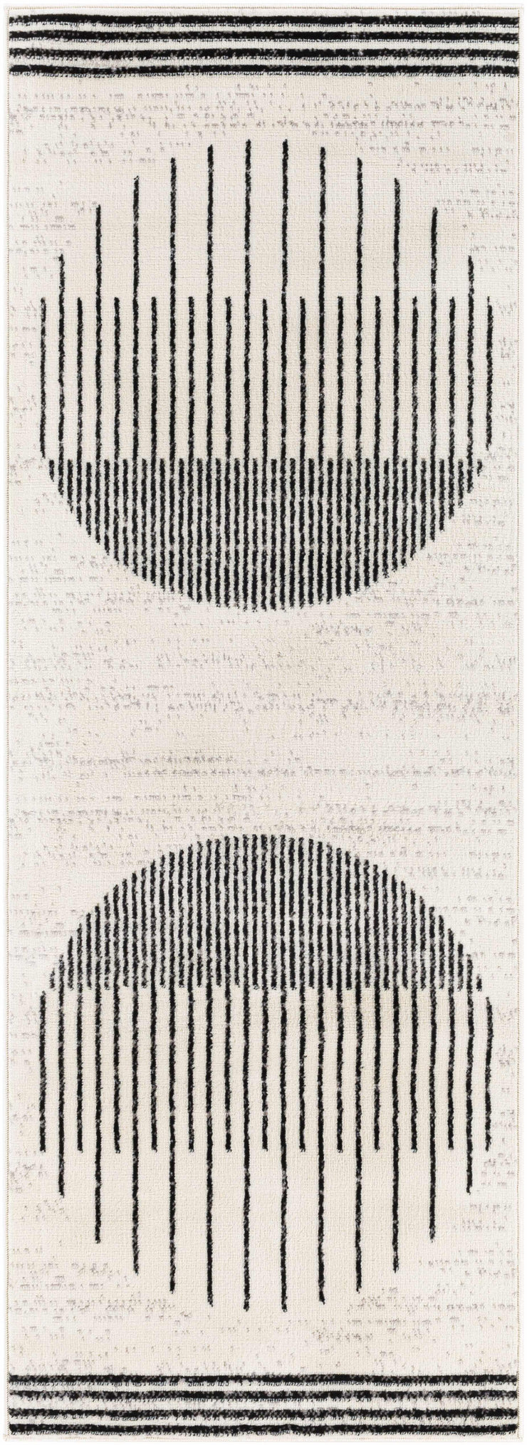 Angus Abstract Black and White Area Rug featuring bold black lines forming two half-circles on a white background, with striped borders.