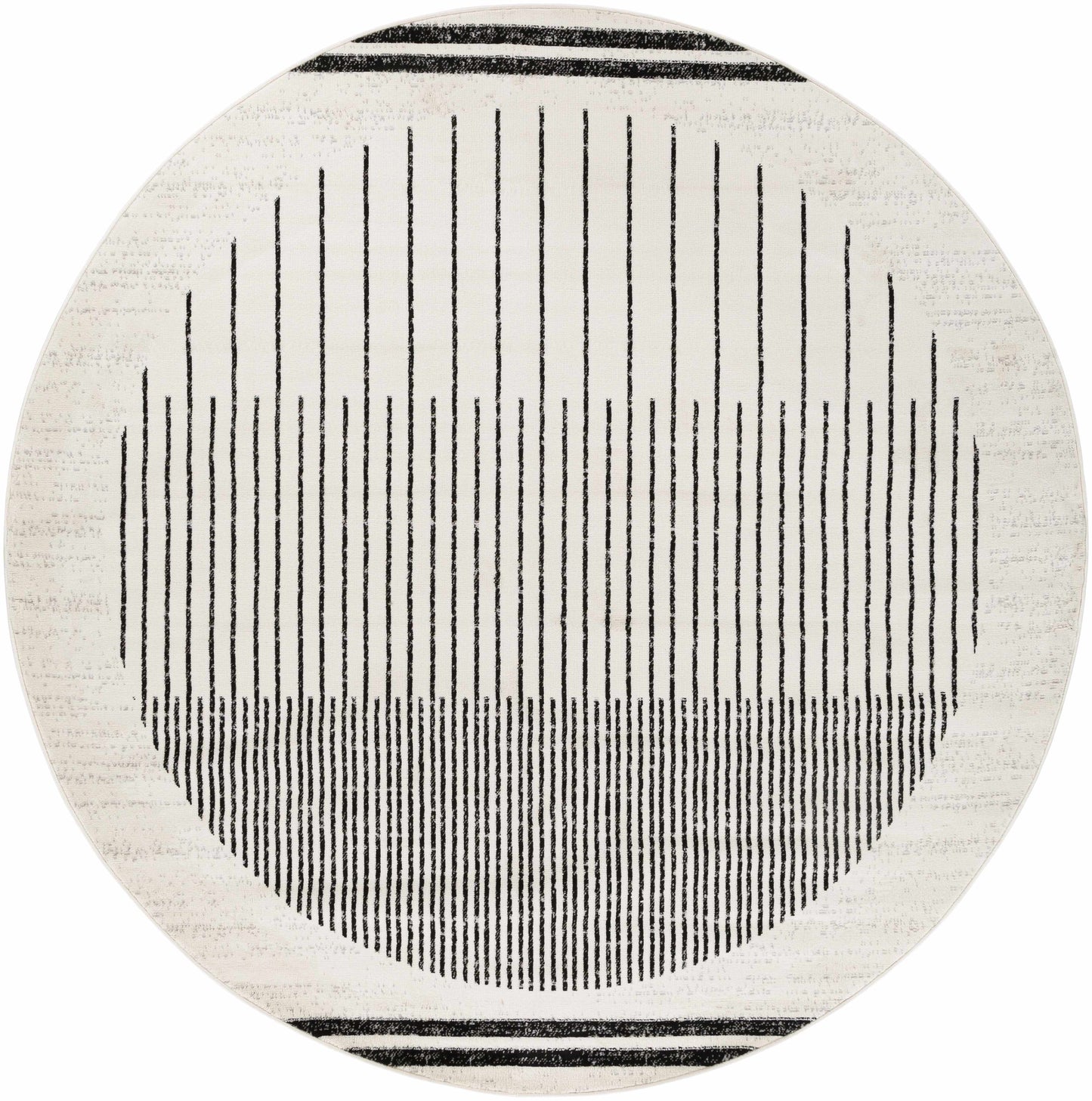 Angus Abstract Black and White Area Rug, round with vertical stripes creating a modern southwestern pattern