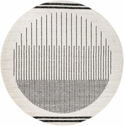 Angus Abstract Black and White Area Rug, round with vertical stripes creating a modern southwestern pattern