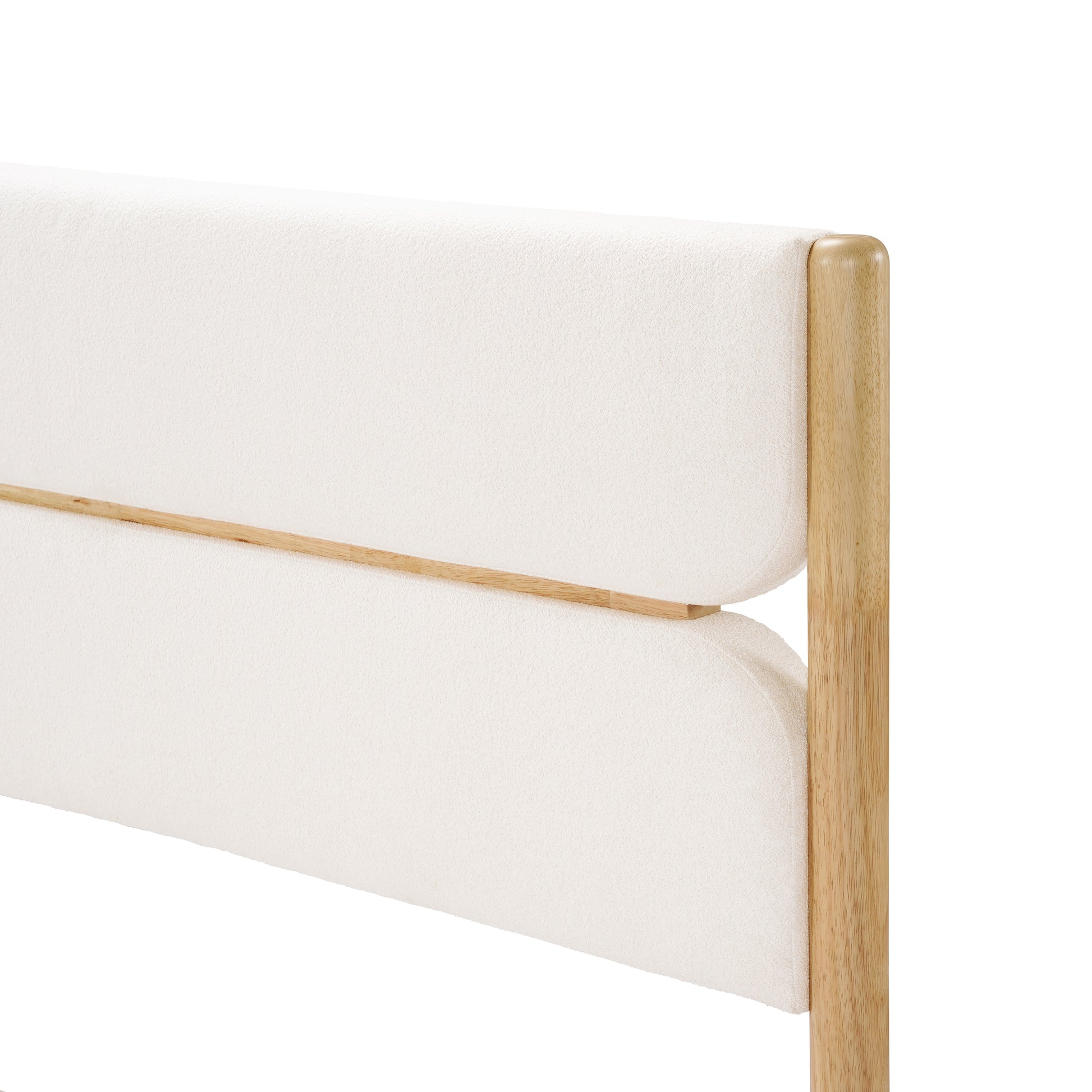  A high-resolution close-up of a Queen Platform Bed highlighting the seamless connection between the Ivory Fleece Furniture upholstered headboard and the smooth natural finish of the Durable Rubberwood Frame.