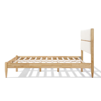 A detailed close-up of the Queen Platform Bed headboard, highlighting the dual-panel design upholstered in soft Ivory Fleece Furniture fabric with a visible Durable Rubberwood Frame support. 