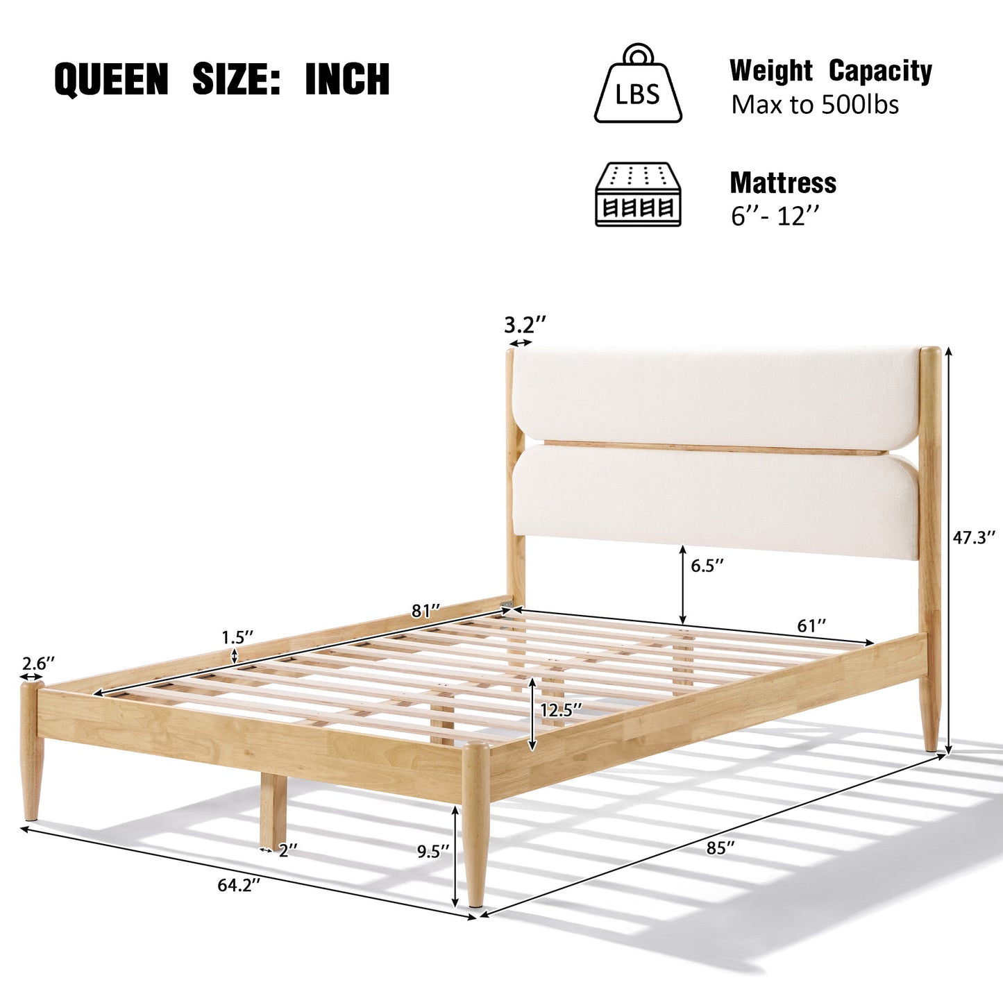 A front-facing isolated view of a Queen Platform Bed highlighting the dual-panel Ivory Fleece Furniture headboard and the sturdy Durable Rubberwood Frame with integrated supportive slats.
