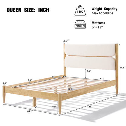  A front-facing isolated view of a Queen Platform Bed highlighting the dual-panel Ivory Fleece Furniture headboard and the sturdy Durable Rubberwood Frame with integrated supportive slats.